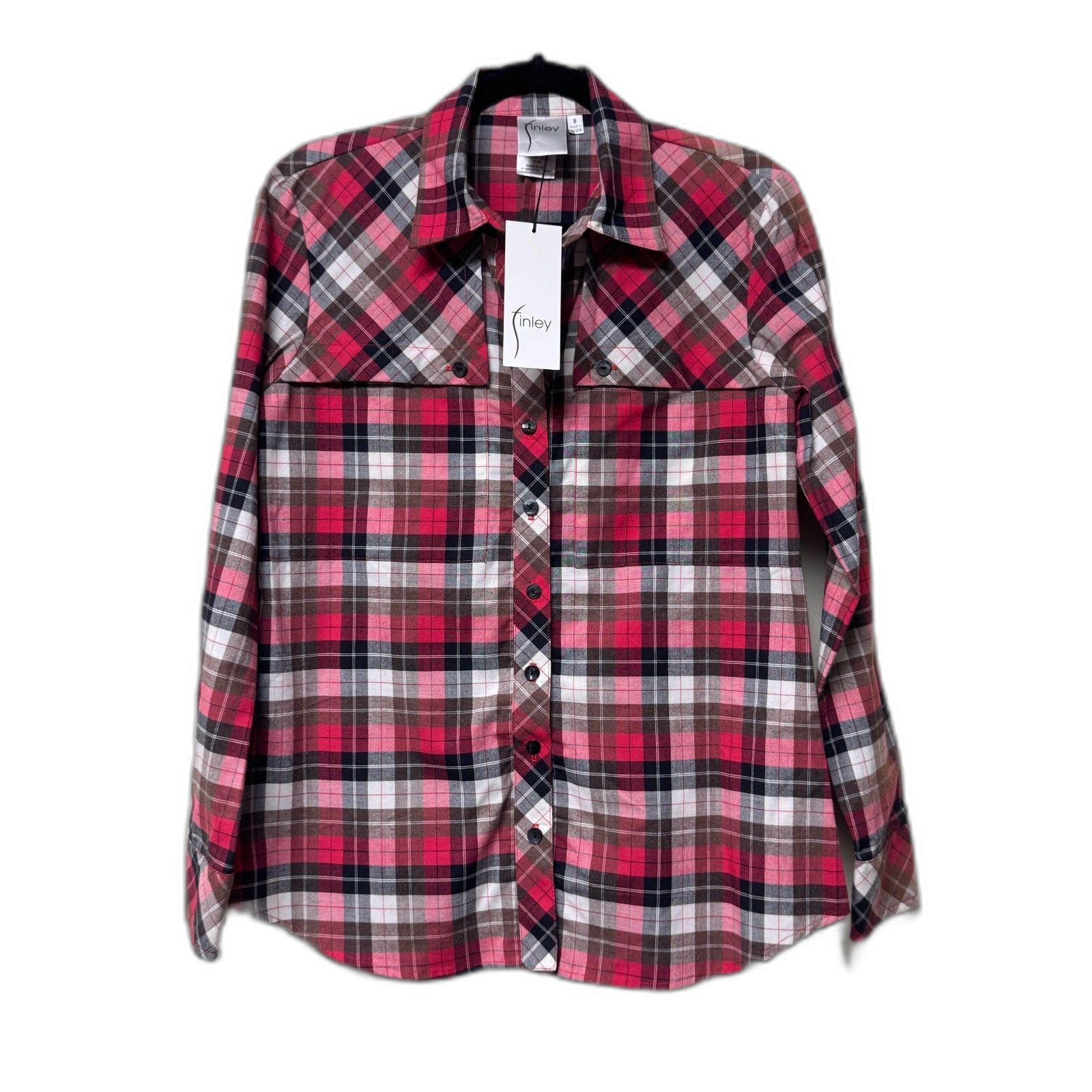 Nwt - Finley Lucinda Trench Button Up Shirt, Red/Black/White Plaid, Sz S